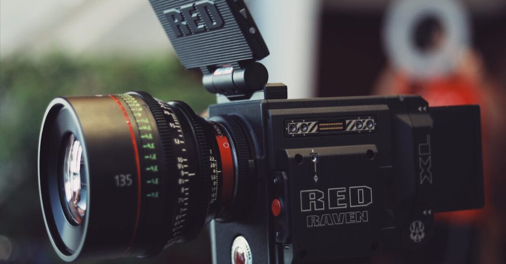 Close-up of a RED Raven video camera on a tripod, perfect for filmmaking and video production.